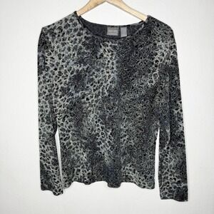 Additions By Chicos Gray Black Y2K Leopard Print Long Sleeve Top‎ Womens Large